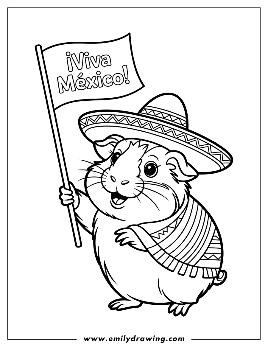 Outline of a guinea pig wearing a sombrero and poncho, holding a Mexican flag that says 'Viva Mexico'.