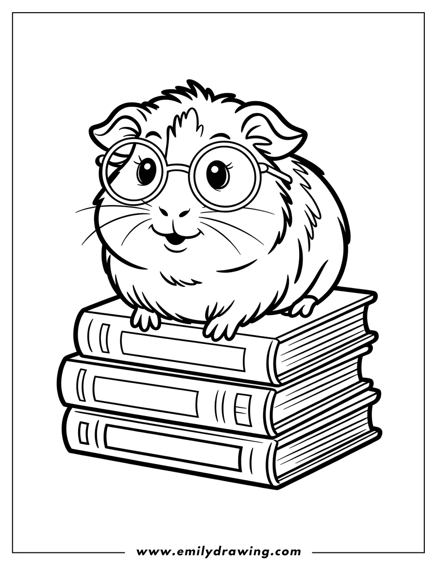 Outline of a guinea pig wearing glasses and sitting on a stack of books.