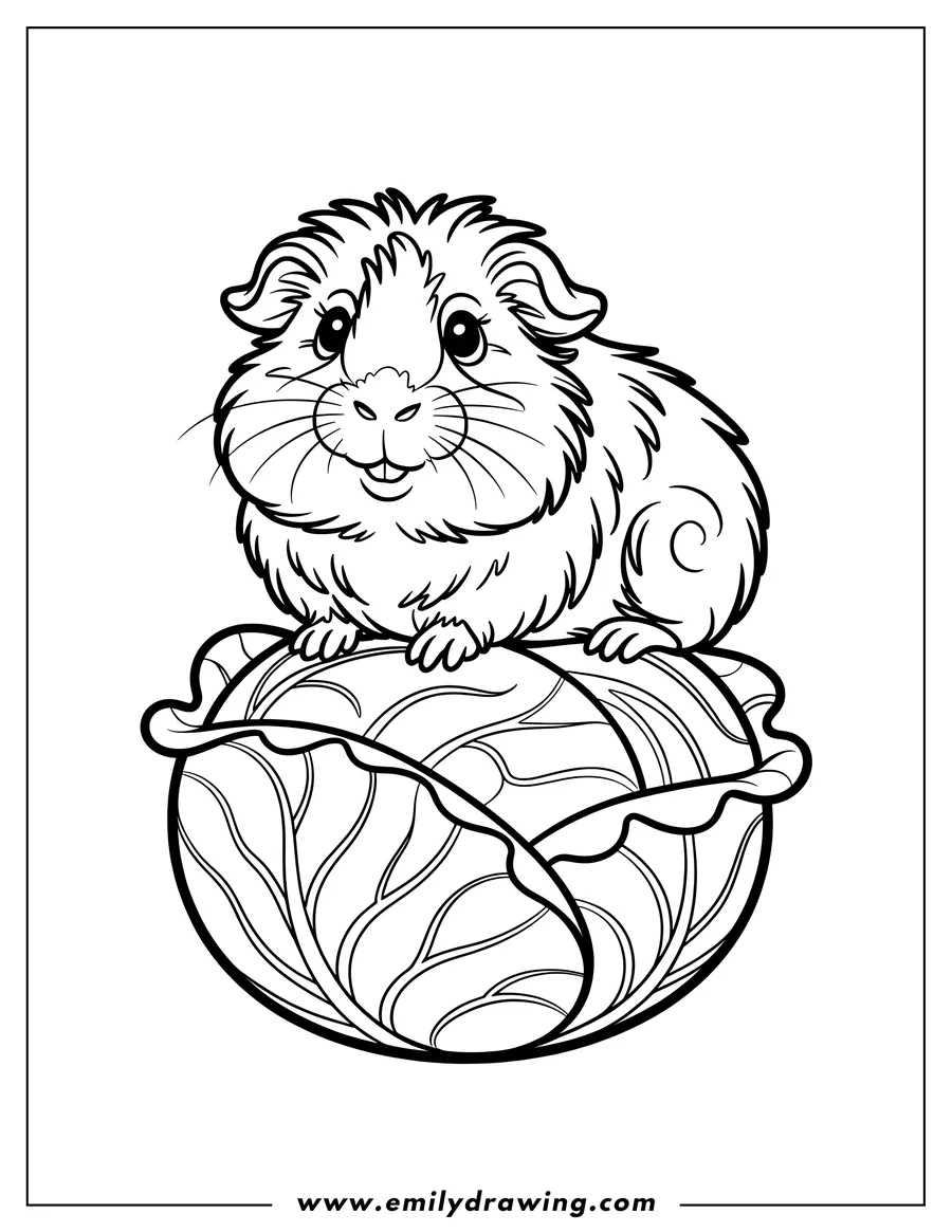 Outline of a guinea pig sitting on top of a cabbage leaf.