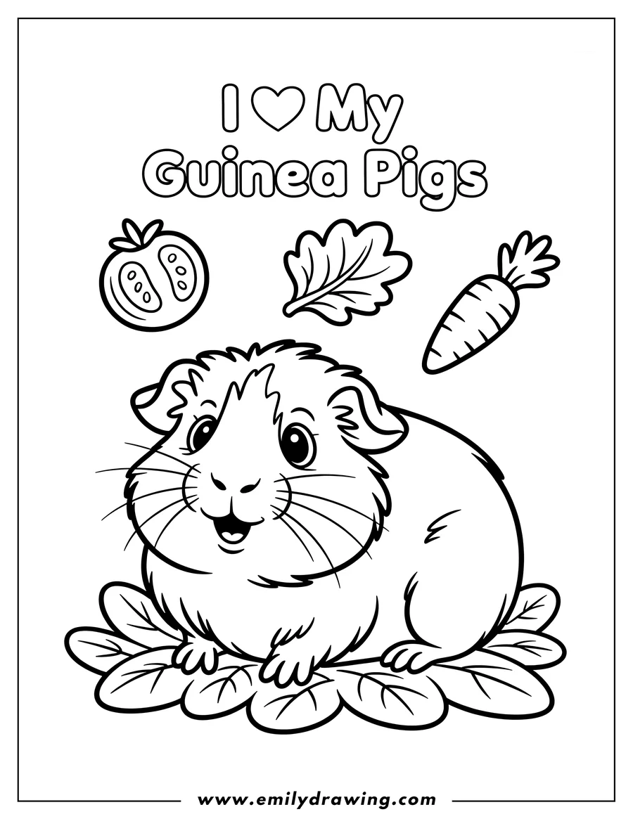 Outline of a guinea pig sitting on leaves with a tomato, carrot, and leafy green floating above it.