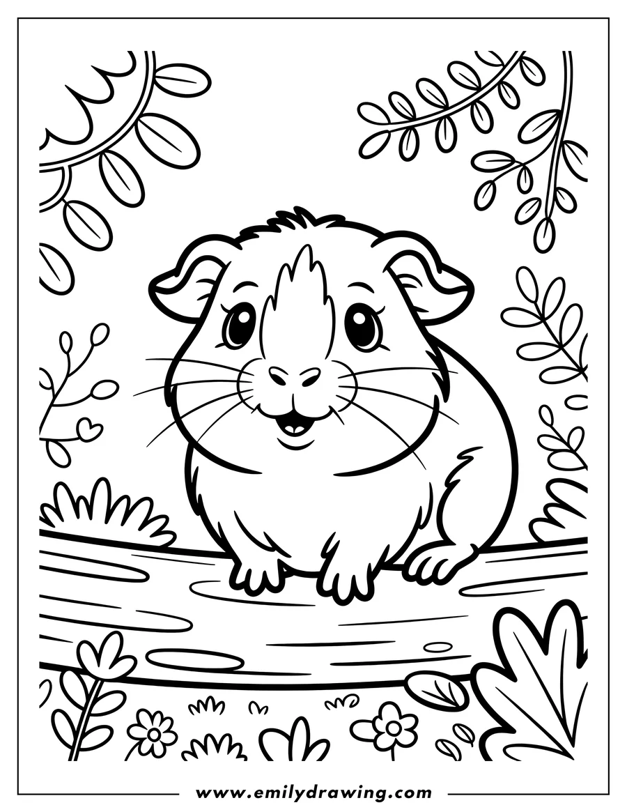Outline of a guinea pig sitting on a log in a garden setting.
