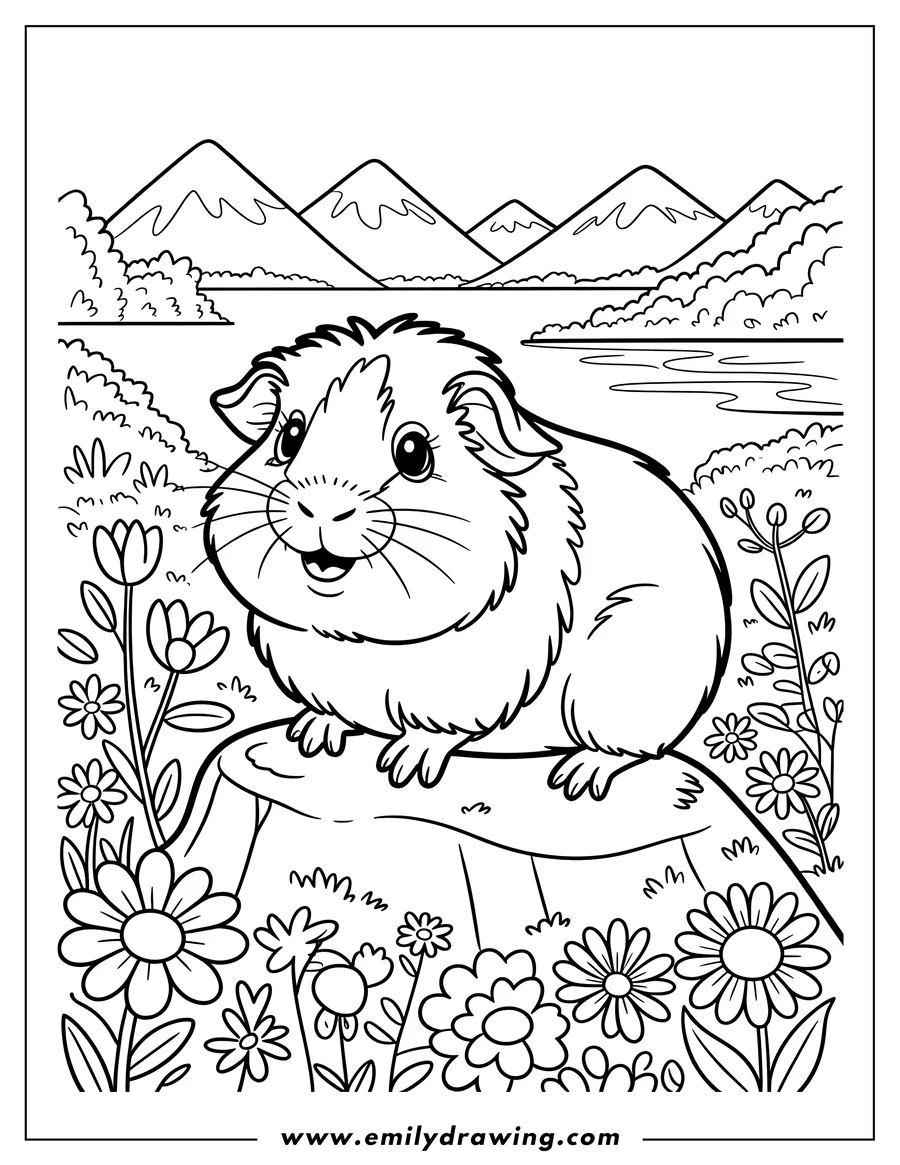 Outline of a guinea pig sitting on a rock, surrounded by flowers, with mountains and a river in the background.
