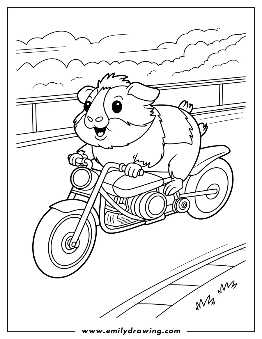 Line art of a guinea pig riding a motorcycle on a road.