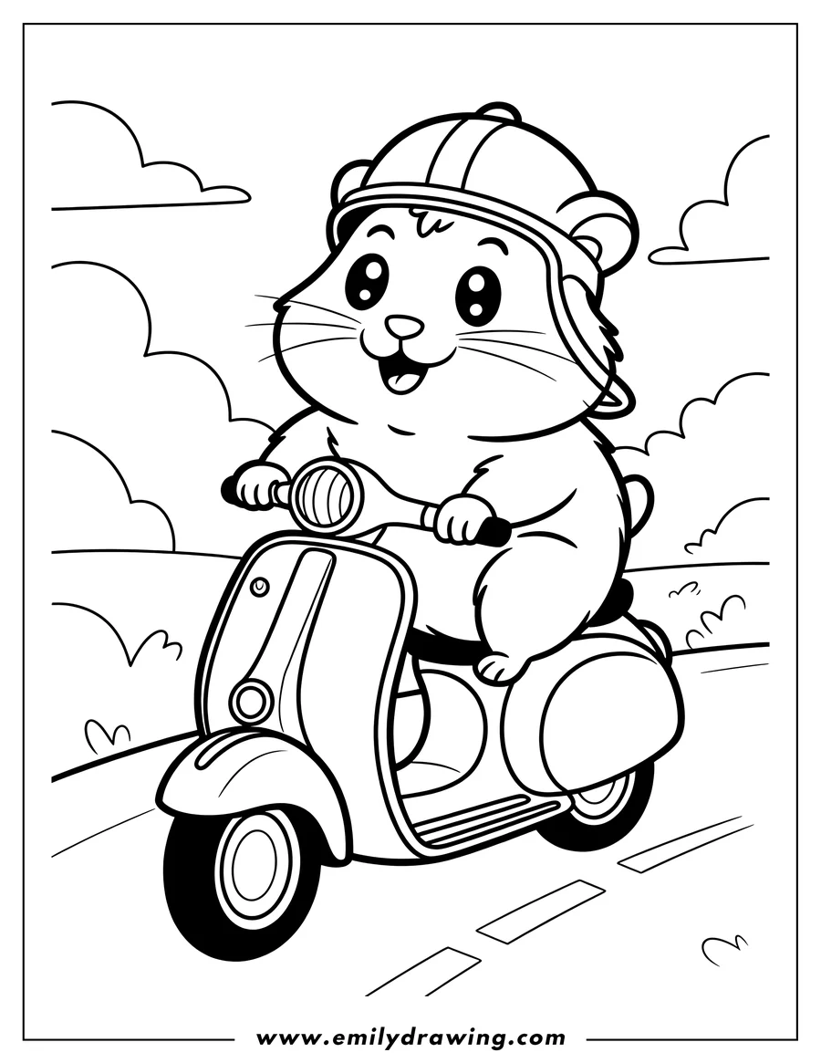 Outline of a guinea pig wearing a helmet and riding a scooter. It looks happy as it drives down a road.