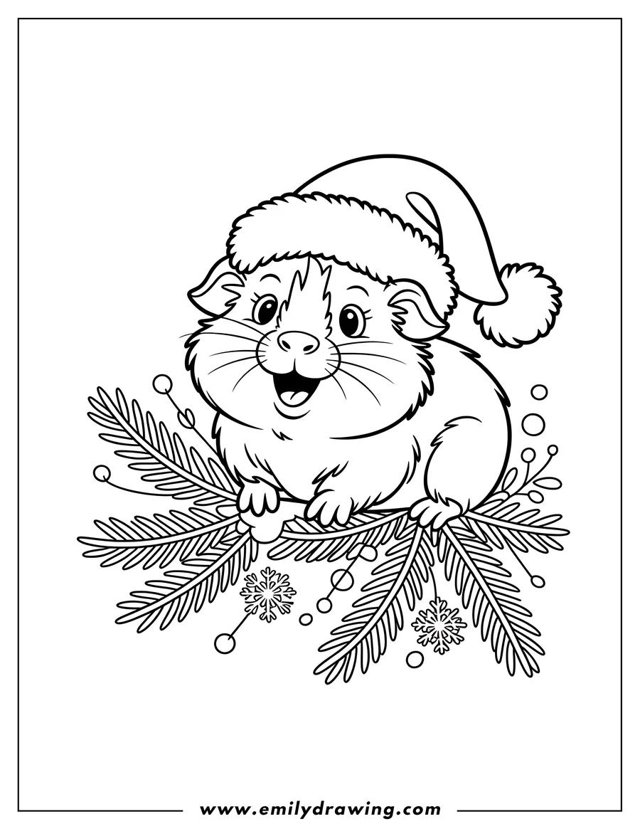 Outline of a guinea pig wearing a Santa hat and sitting on a decorated pine branch.