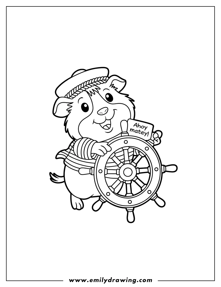 Line art of a guinea pig dressed as a sailor, holding a ship's wheel and wearing a sailor hat.