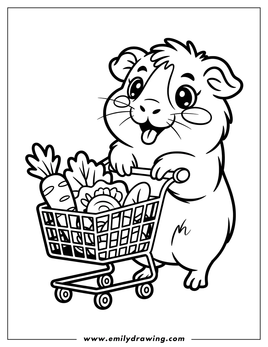 Outline of a guinea pig pushing a shopping cart filled with vegetables like carrots and lettuce.