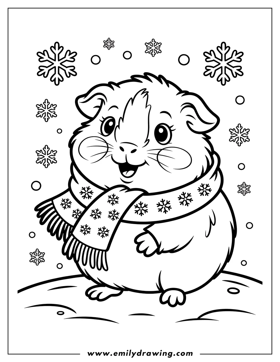Outline of a guinea pig wearing a snowflake scarf in the snow.