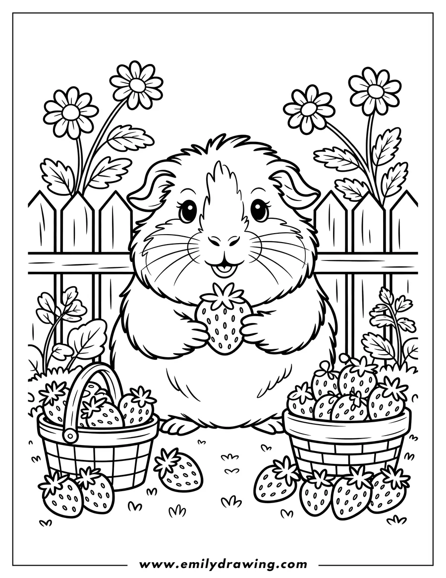 Outline of a guinea pig holding a strawberry, with two baskets of strawberries beside it, near a small fence and flowers.