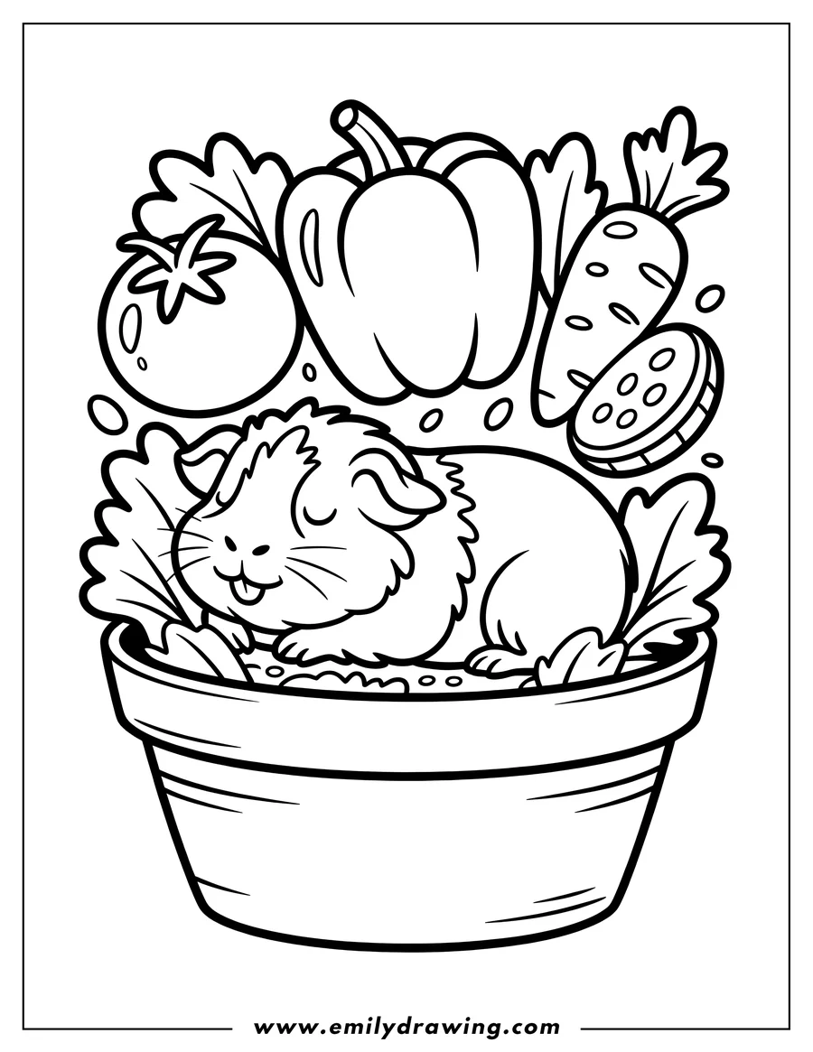 Outline of a guinea pig sitting in a bowl surrounded by various vegetables like carrots, a tomato, and bell pepper.