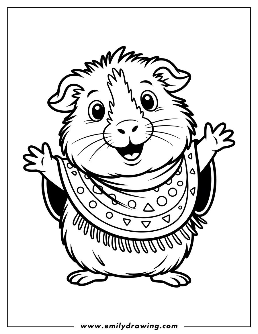 Outline of a guinea pig wearing a decorated poncho with geometric patterns. It's standing with open paws, looking cheerful.