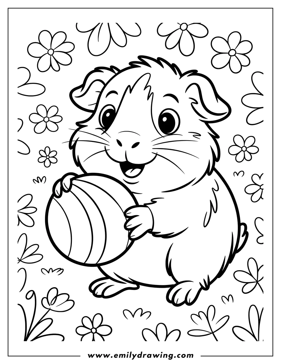 Outline of a guinea pig holding a ball, surrounded by simple flowers.