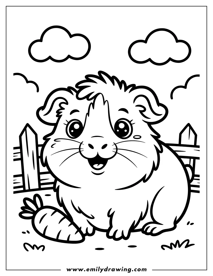 Outline of a guinea pig with a carrot near a wooden fence.