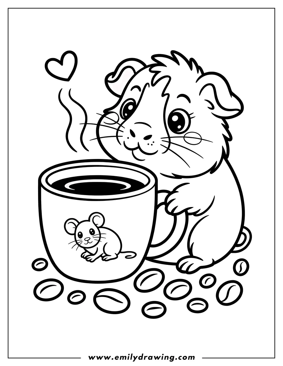 Outline of a guinea pig with a large coffee cup.  The cup has a mouse on it. Coffee beans are scattered around.