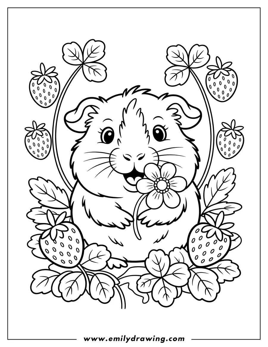 Outline of a guinea pig holding a flower, surrounded by strawberry plants.