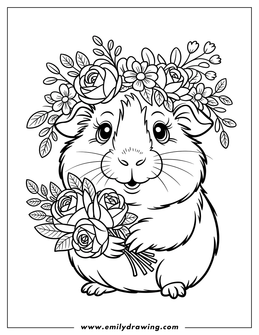 Outline of a guinea pig wearing a flower crown and holding a bouquet of roses.