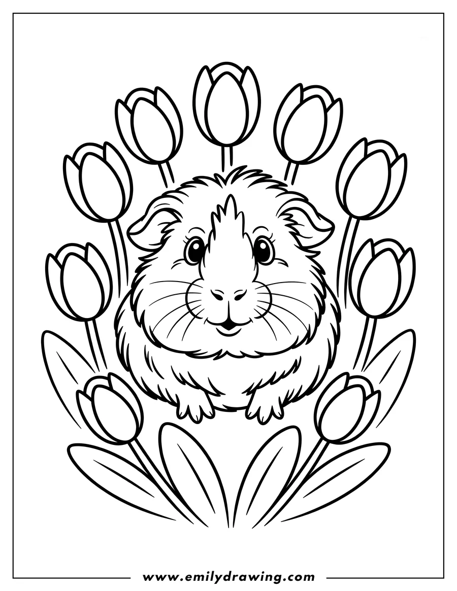 Outline of a guinea pig surrounded by tulips.