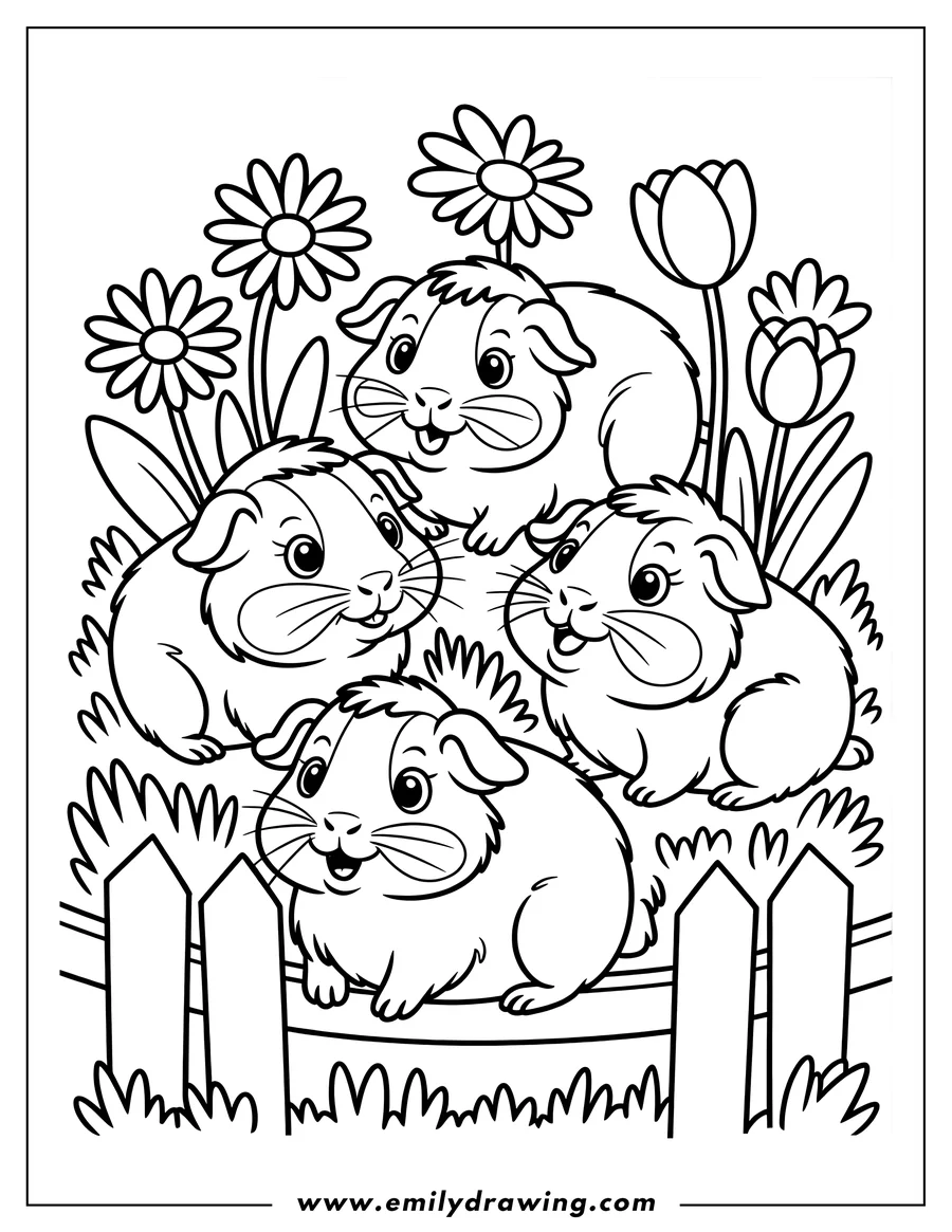 Outline of four guinea pigs in a garden setting, with daisies and tulips behind them and a small wooden fence in the foreground. One guinea pig sits on the fence.