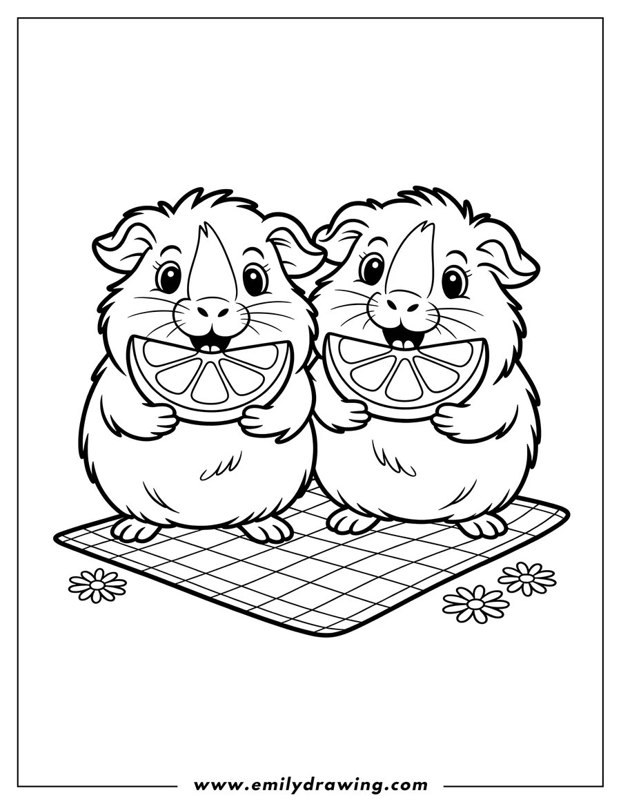 Outline of two guinea pigs sitting on a blanket, each holding and eating orange slices.