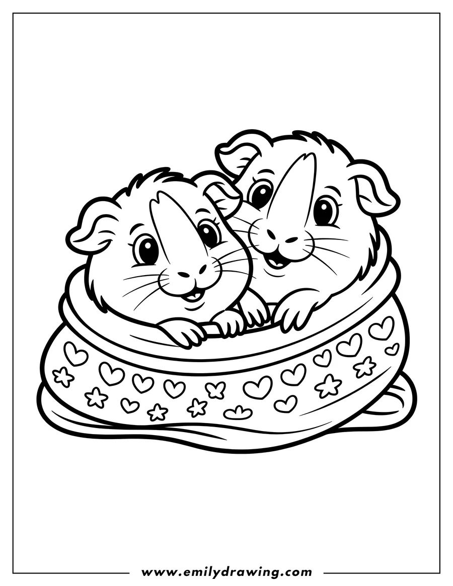 Outline of two guinea pigs peering from a heart-decorated basket.