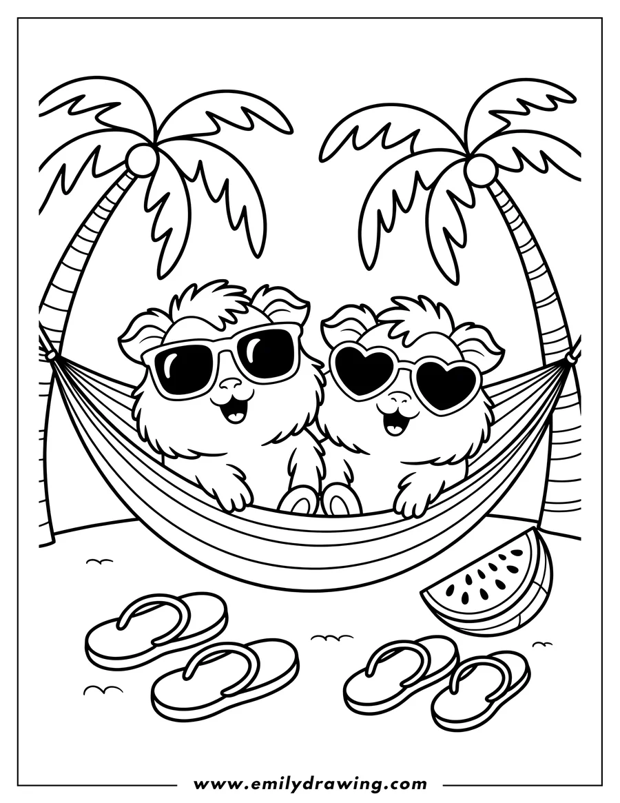 Outline of two guinea pigs relaxing in a hammock between palm trees, with flip-flops and a slice of watermelon nearby.