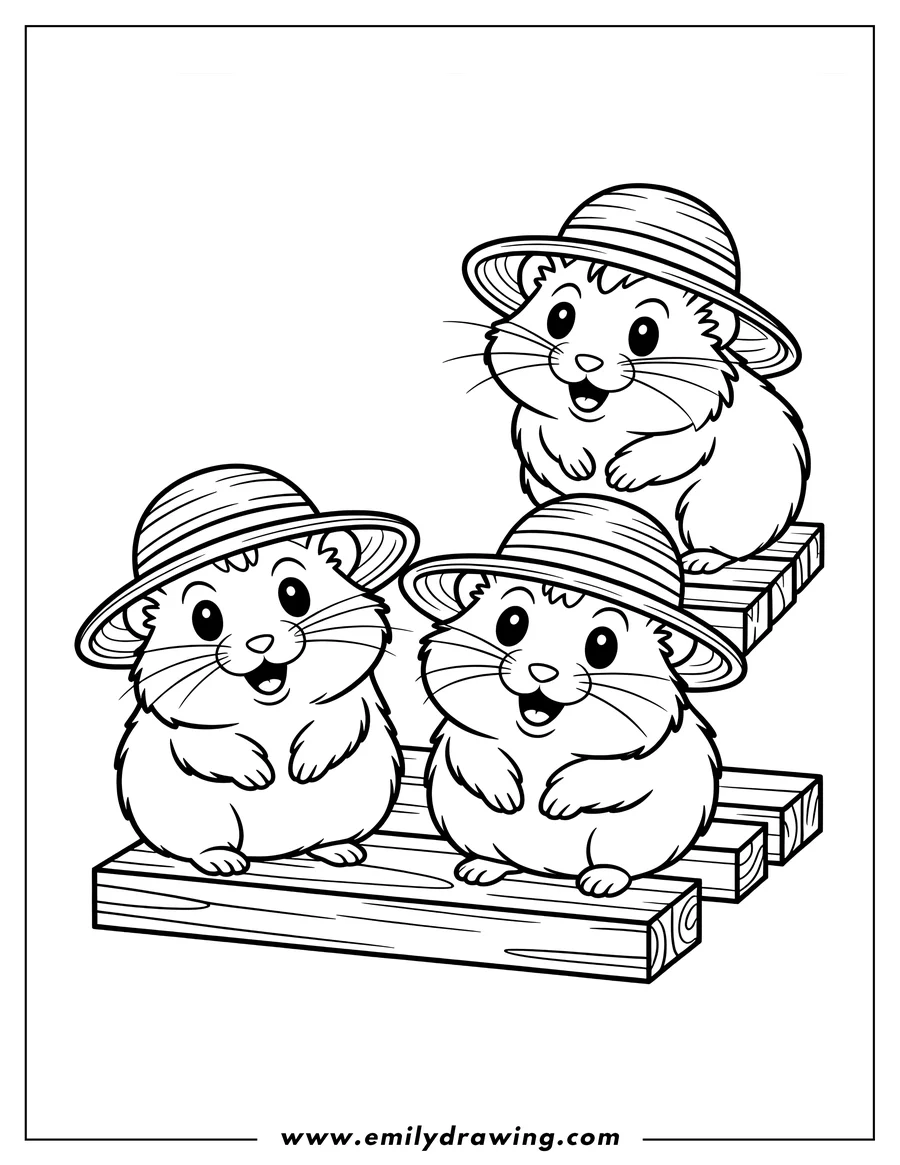 Outline of three guinea pigs wearing summer hats and sitting on wooden planks.