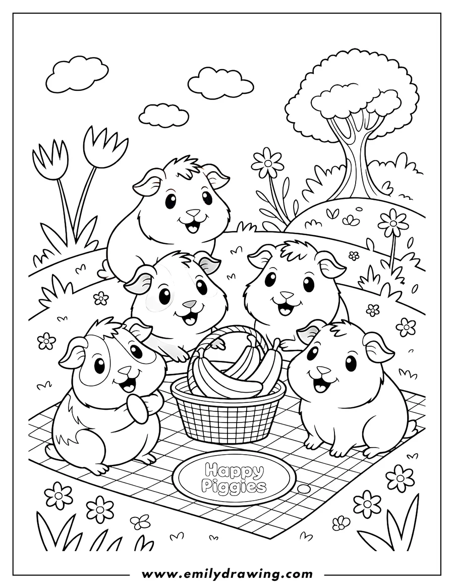 Outline of four guinea pigs having a picnic with a basket of bananas on a blanket in a field of flowers.
