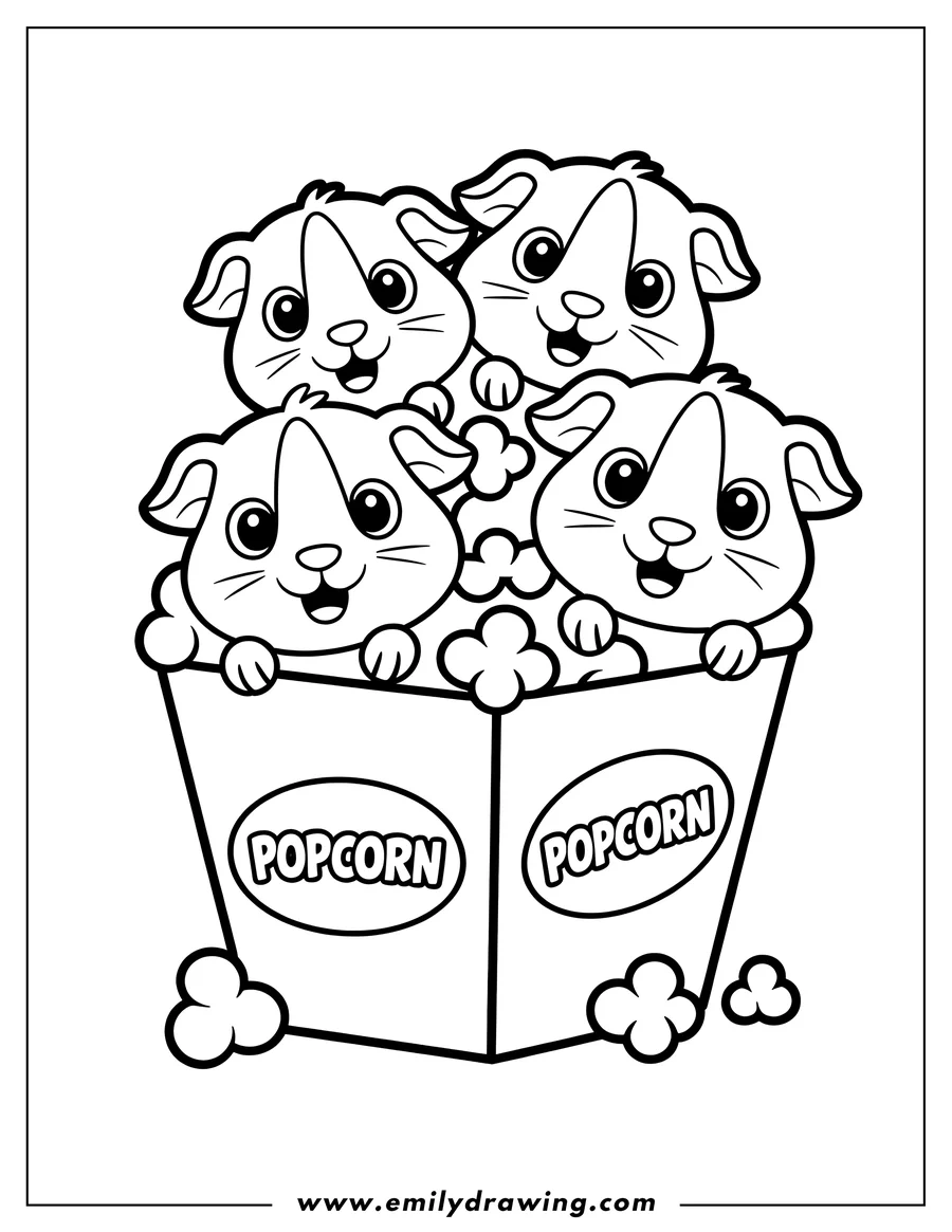Outline of four guinea pigs peeking out of a popcorn box.  Pieces of popcorn are visible around them.