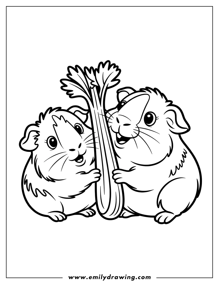 Two guinea pigs holding a stalk of celery.