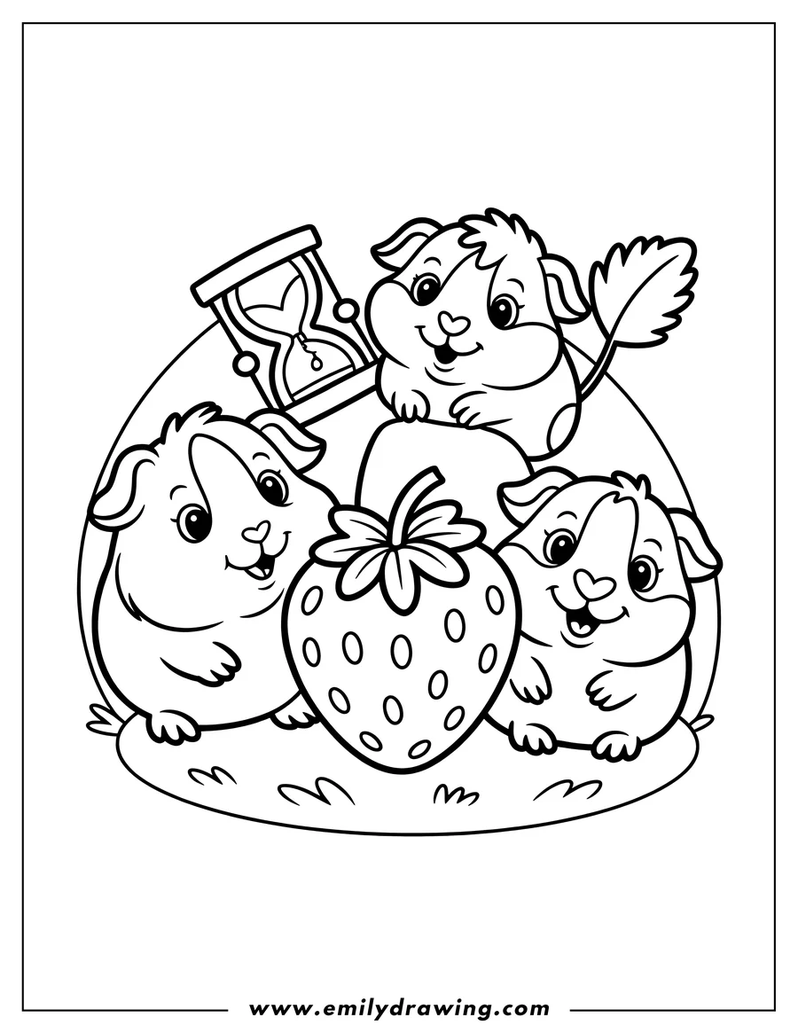Outline of three guinea pigs with a large strawberry and an hourglass