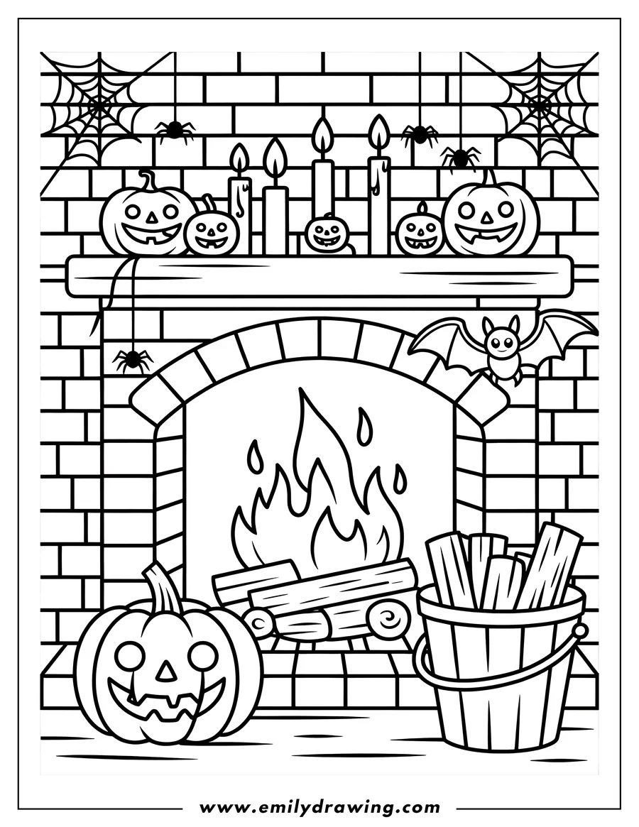 Line art of a Halloween fireplace scene. Pumpkins, candles, and spiderwebs decorate the mantelpiece, with a cheerful bat perched near the bricks.  Logs burn brightly in the hearth, and a bucket of extra wood sits nearby.