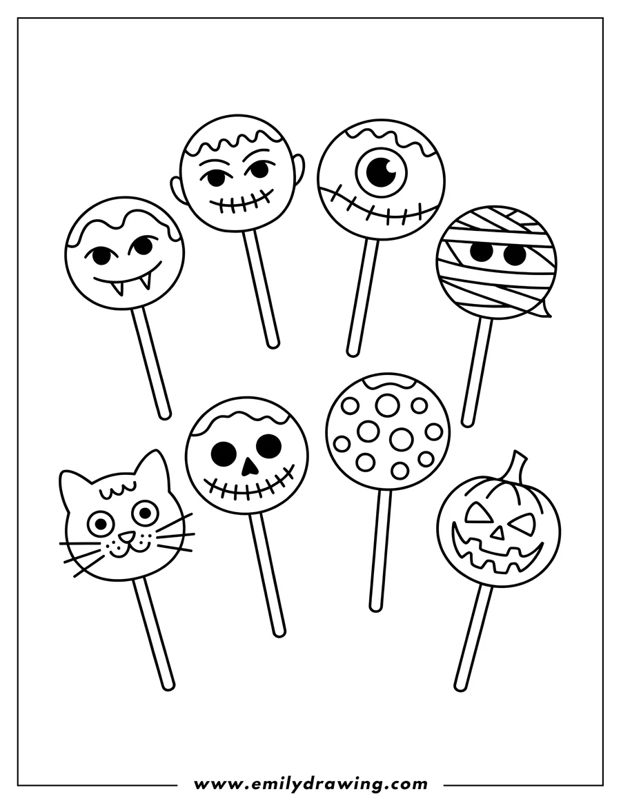 Line art of seven Halloween-themed lollipops, including a vampire, mummy, pumpkin, skull, one-eyed monster, and cat.