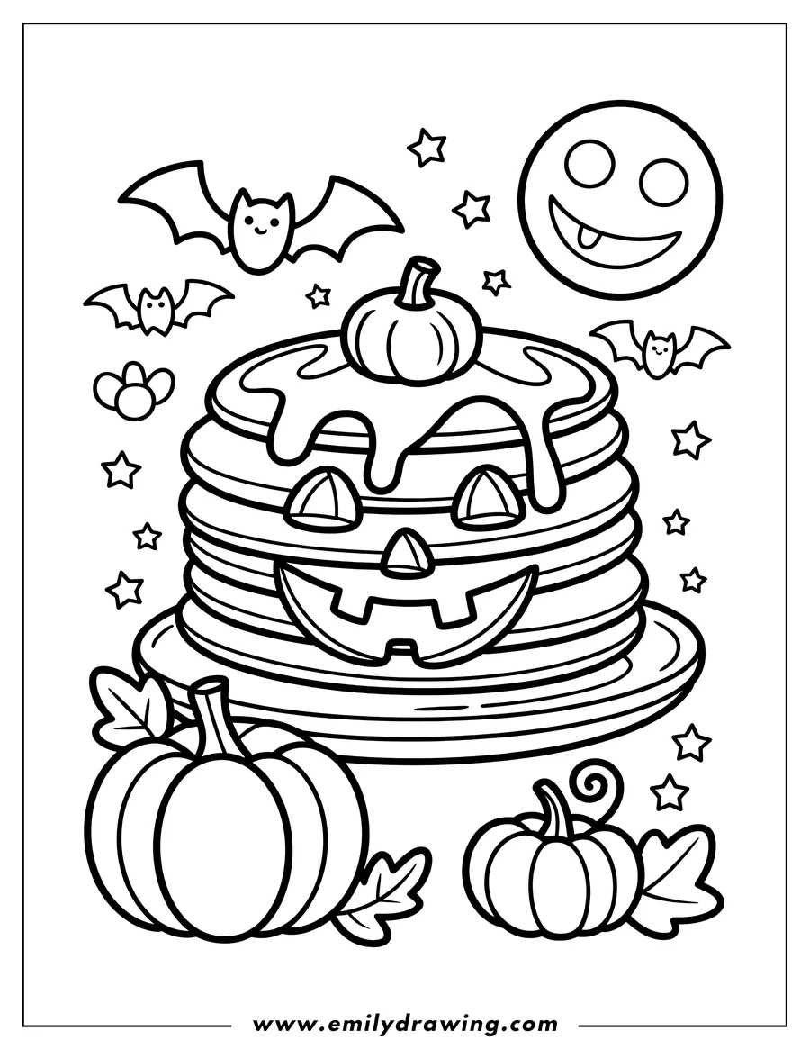 Line art illustration of a stack of pancakes decorated as a jack-o'-lantern for Halloween, with pumpkins, bats, stars, and a smiling moon in the background.
