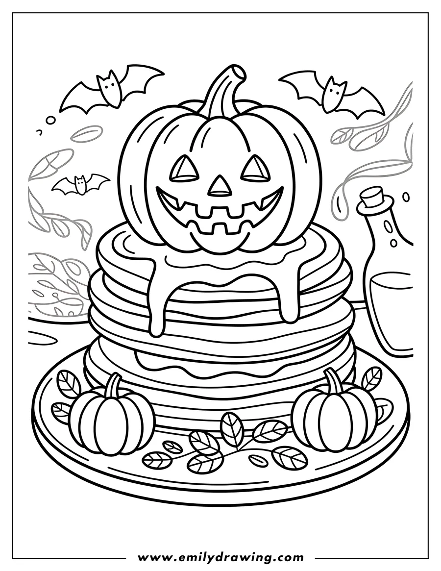 Outline of a stack of Halloween pancakes topped with a jack-o'-lantern pumpkin and syrup, with small pumpkins and leaves decorating the plate. Bats and autumn leaves float in the background.