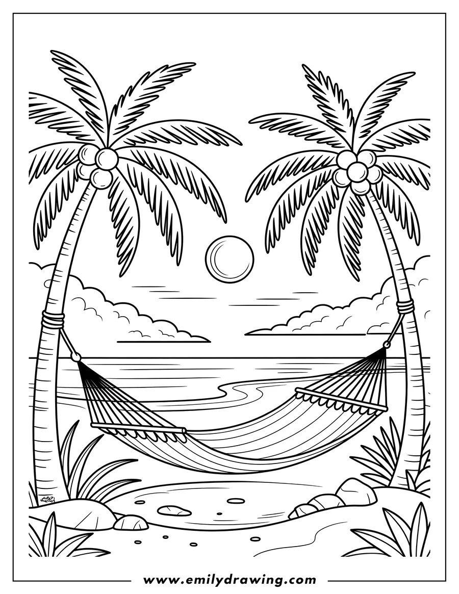 Outline of a hammock strung between two palm trees on a beach, with the ocean and a full moon in the background.