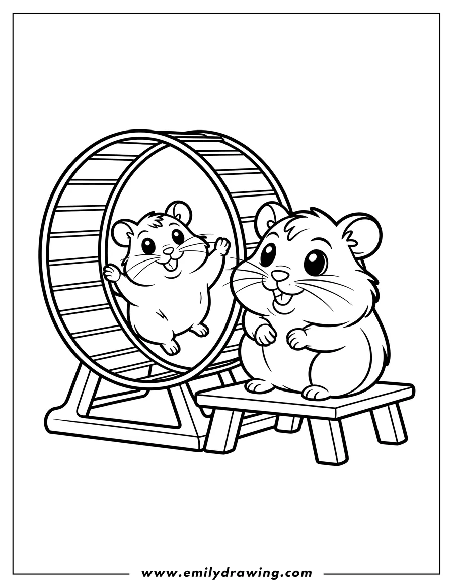 Outline of two hamsters, one sitting on a small stool and the other running inside a hamster wheel.