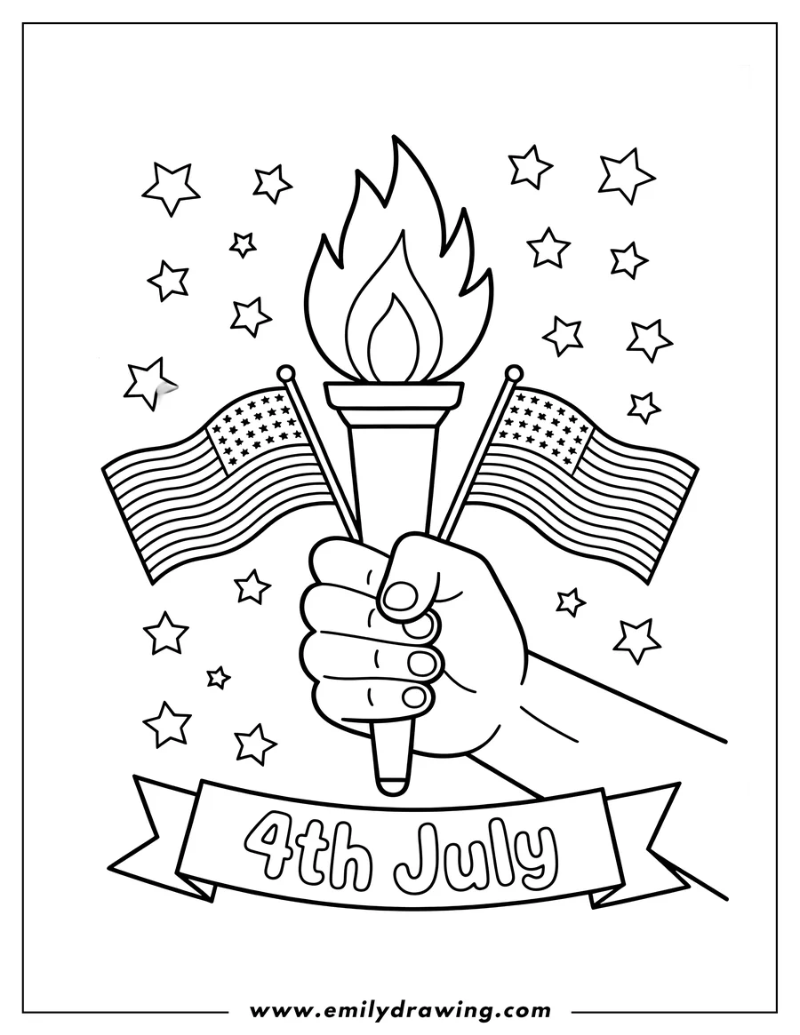 Outline of a hand holding a torch with two American flags and stars surrounding for 4th of July. 