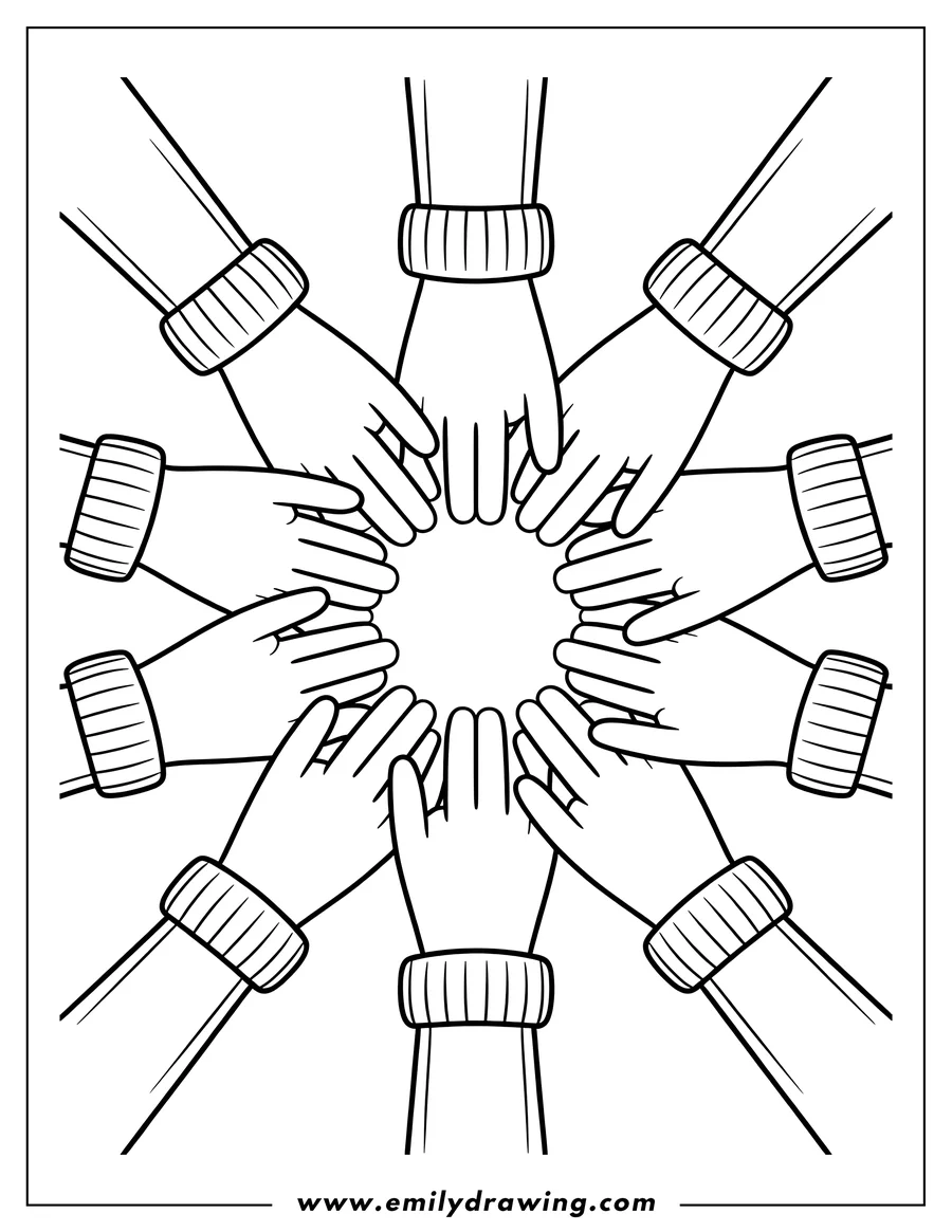 Outline of several hands forming a circle, each with a sleeve cuff.