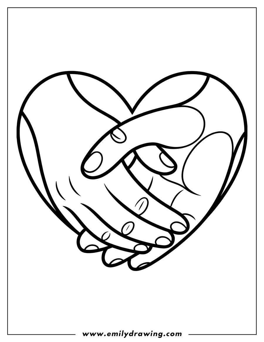Line art of two hands clasped together, forming the shape of a heart.