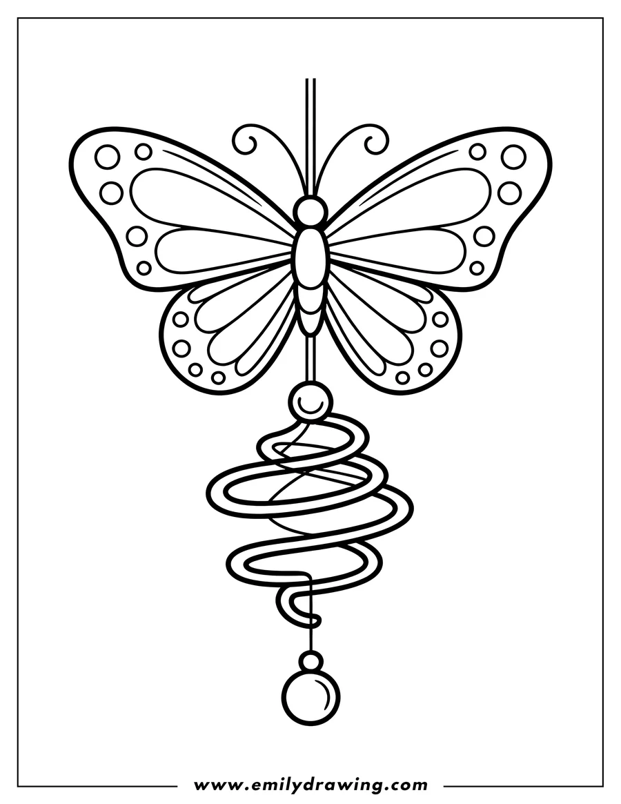 Outline of a hanging butterfly wind chime with decorative swirls and a dangling bead.