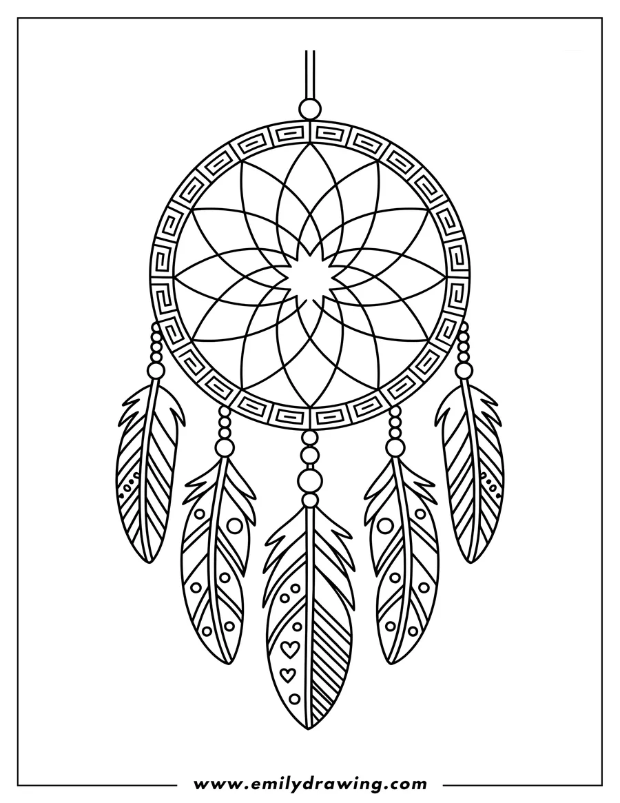 Line art of a hanging dreamcatcher with decorative feathers.