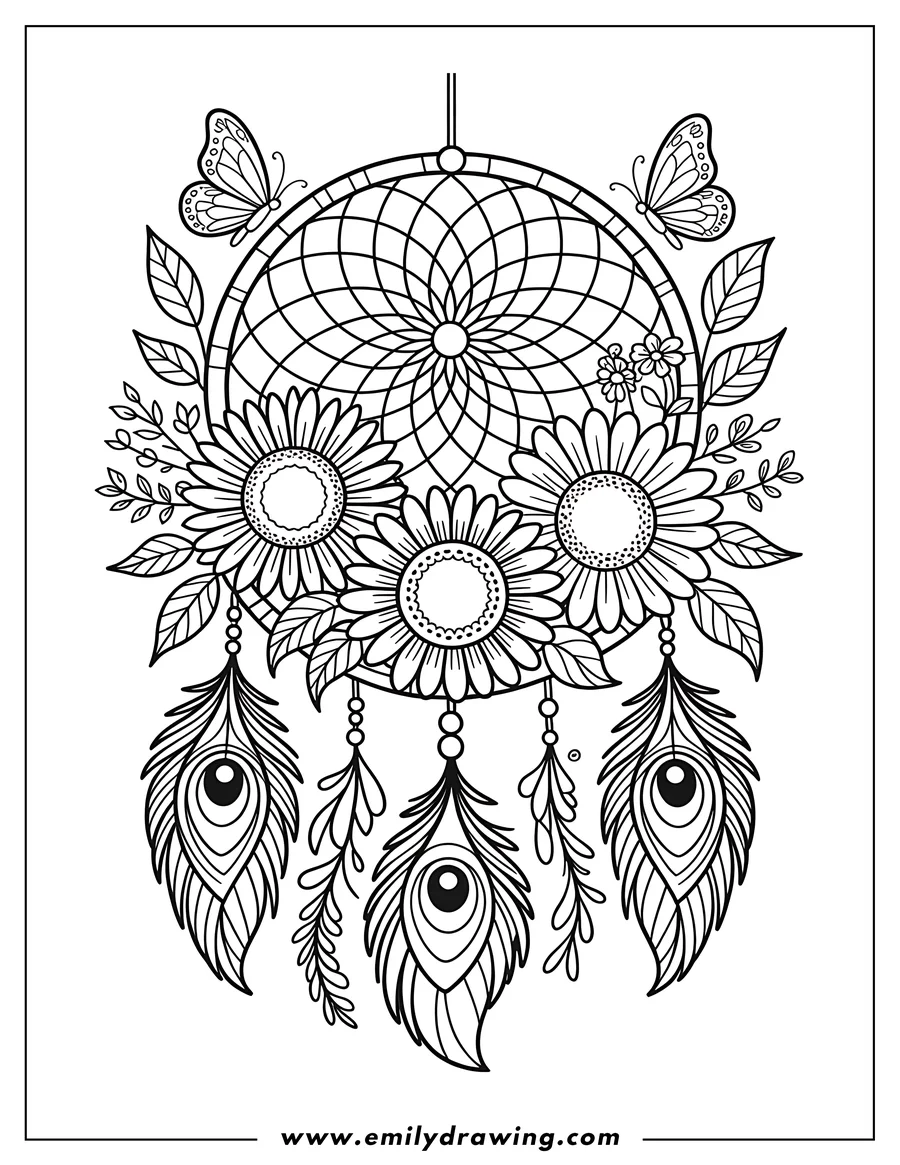Line art of a hanging dreamcatcher decorated with daisies, peacock feathers, small leaves, and two butterflies on either side.