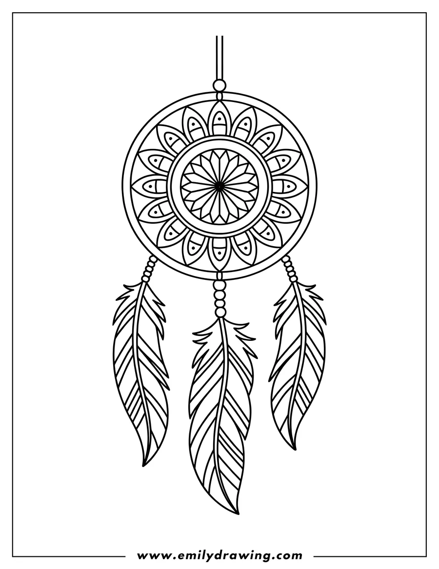 Outline of a hanging dreamcatcher decorated with beads and three feathers.