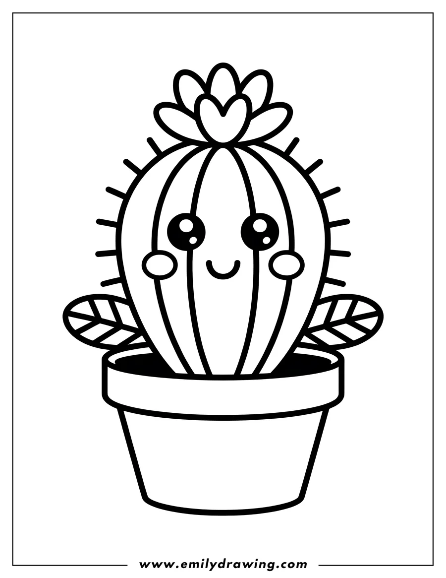 Outline of a happy cactus with a flower on top and large, friendly eyes.
