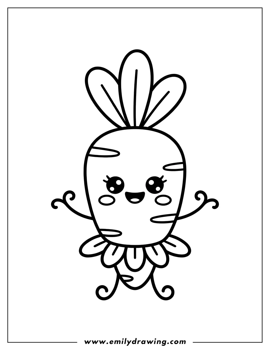 Line art of a happy carrot wearing a flower skirt, ready to be colored.
