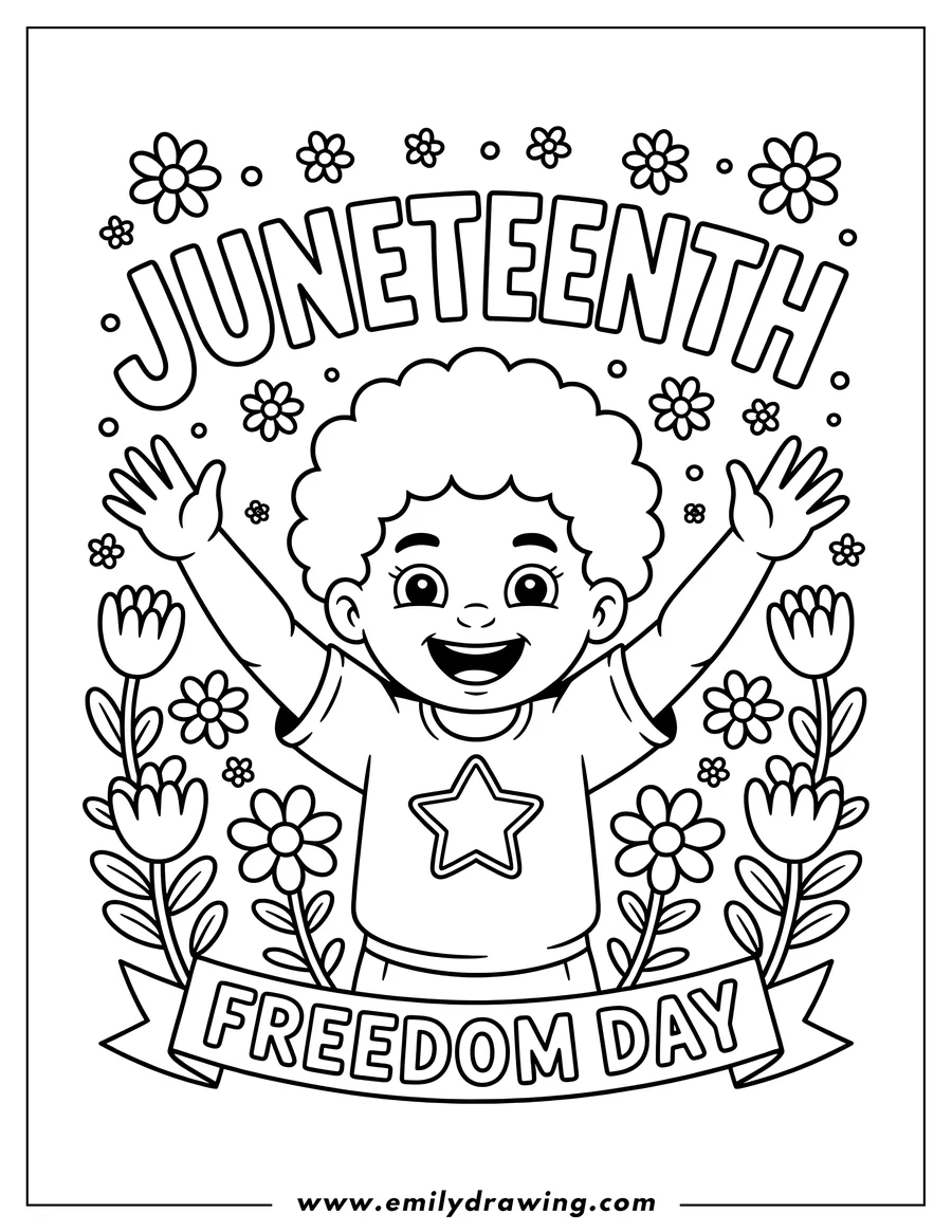 Line art of a happy child with raised arms, surrounded by flowers and the words 'Juneteenth' and 'Freedom Day'. The child wears a shirt with a star.