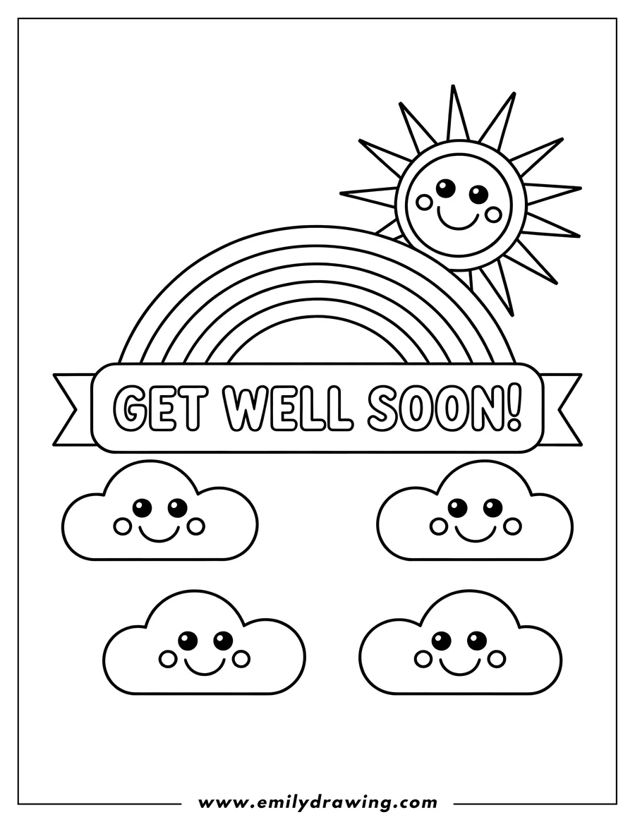Line art of a rainbow with a smiling sun and happy clouds below a 'Get Well Soon' banner.
