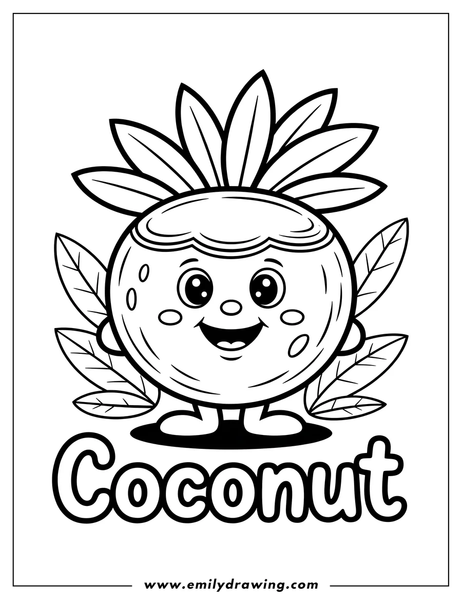 Line art of a happy coconut with leaves and a smiling face.