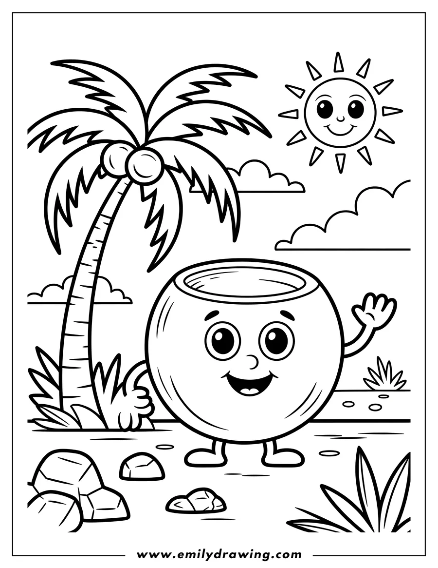 Line art of a happy coconut waving hello on a sunny beach with a palm tree.