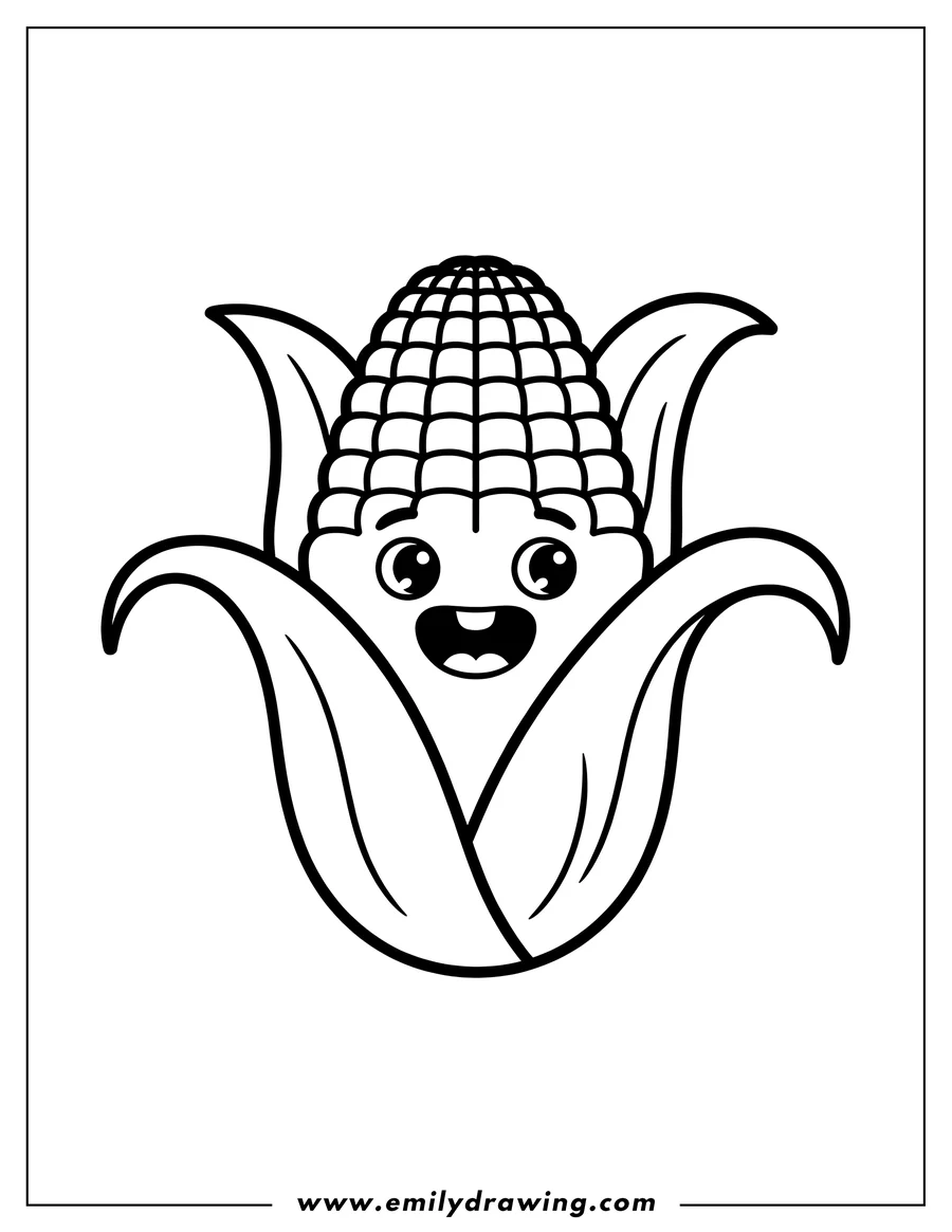 Line art of a happy ear of corn on the cob, smiling cheerfully.